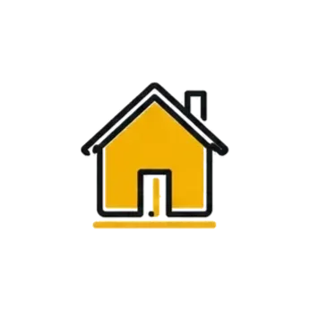 Illustration of a yellow house with a black roof, door, and chimney.