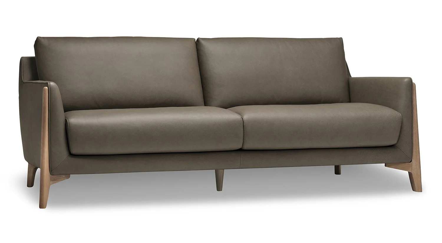 Brown leather sofa with wooden legs and armrests