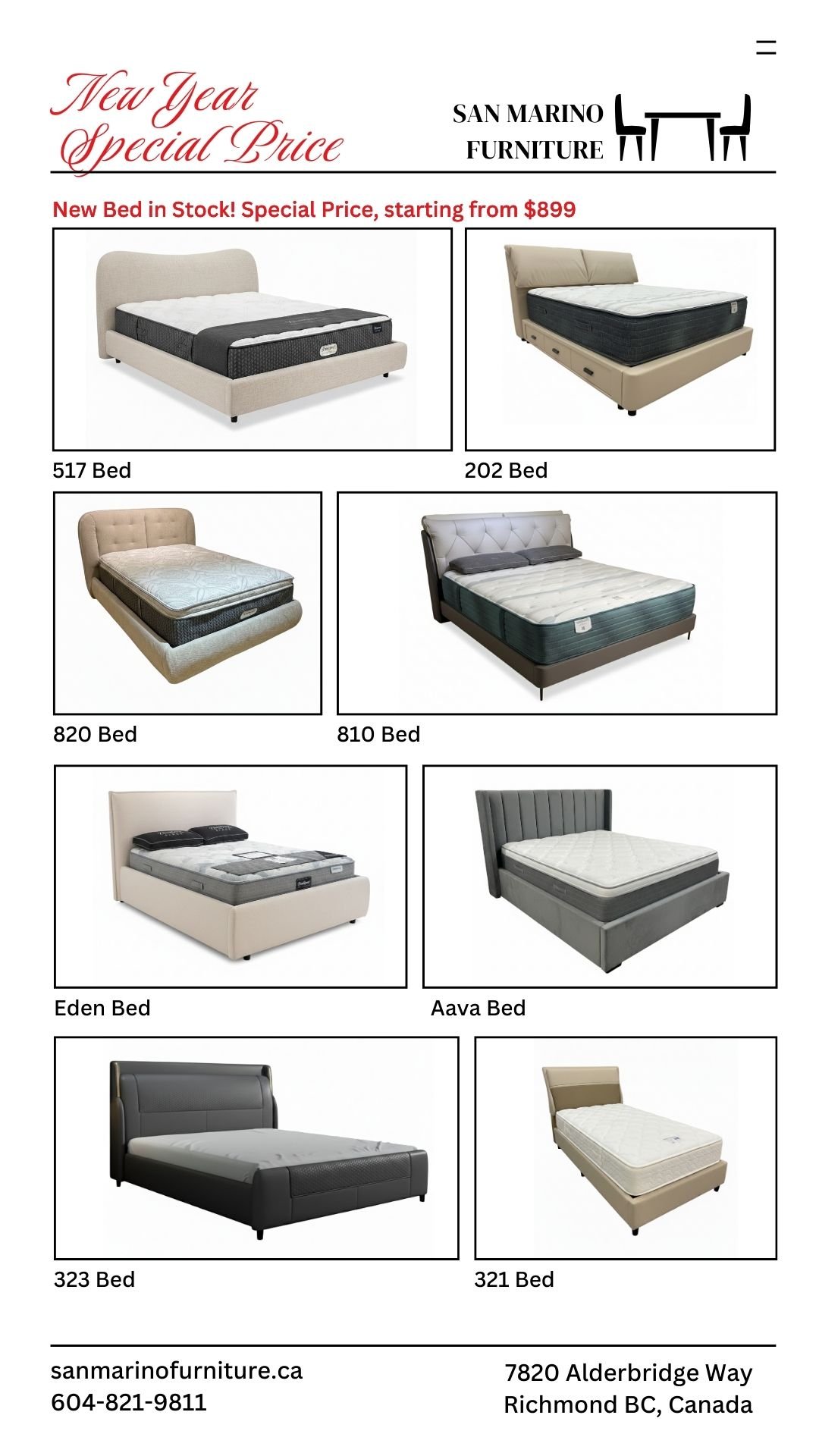 An advertisement for San Marino Furniture showcasing various beds with prices and contact information.