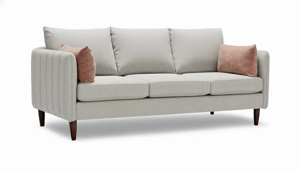 Light gray sofa with three cushions and two pink pillows, wooden legs, isolated on white background.