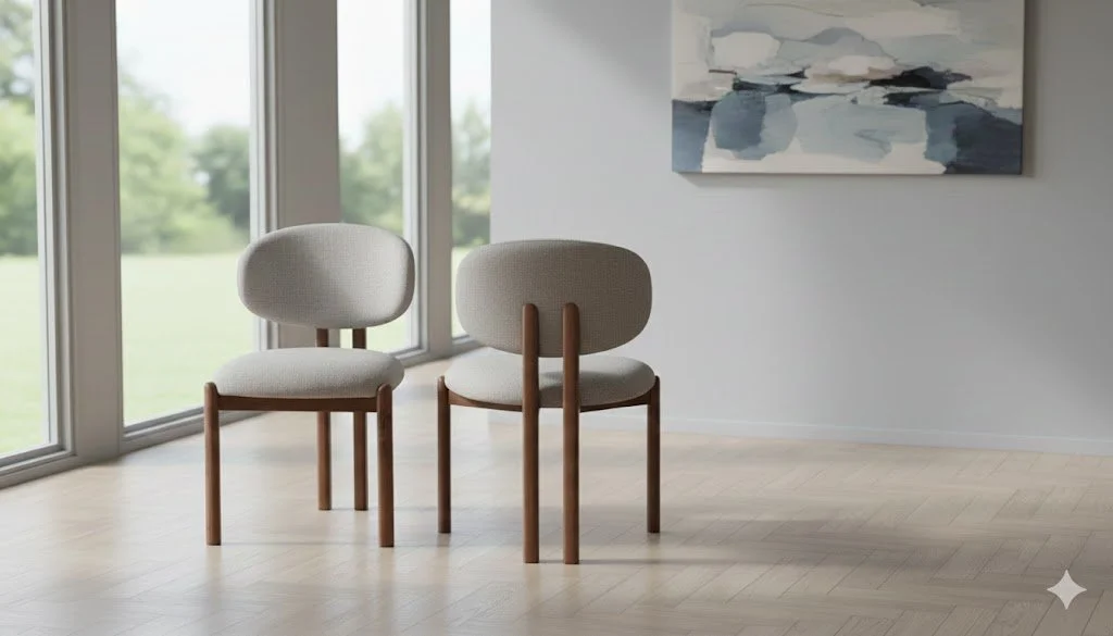 Two modern beige upholstered chairs with wooden legs in an empty room with large floor-to-ceiling windows, light hardwood flooring, and abstract wall art.