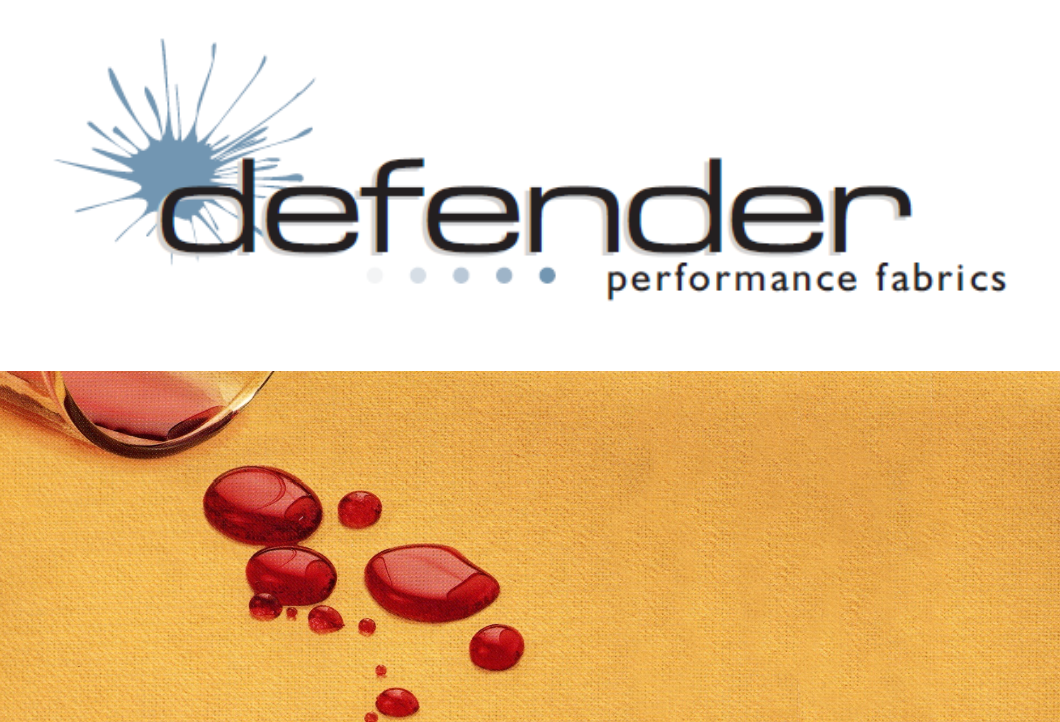 Logo for defender performance fabrics with a splash design and a background of red droplets on yellow fabric.