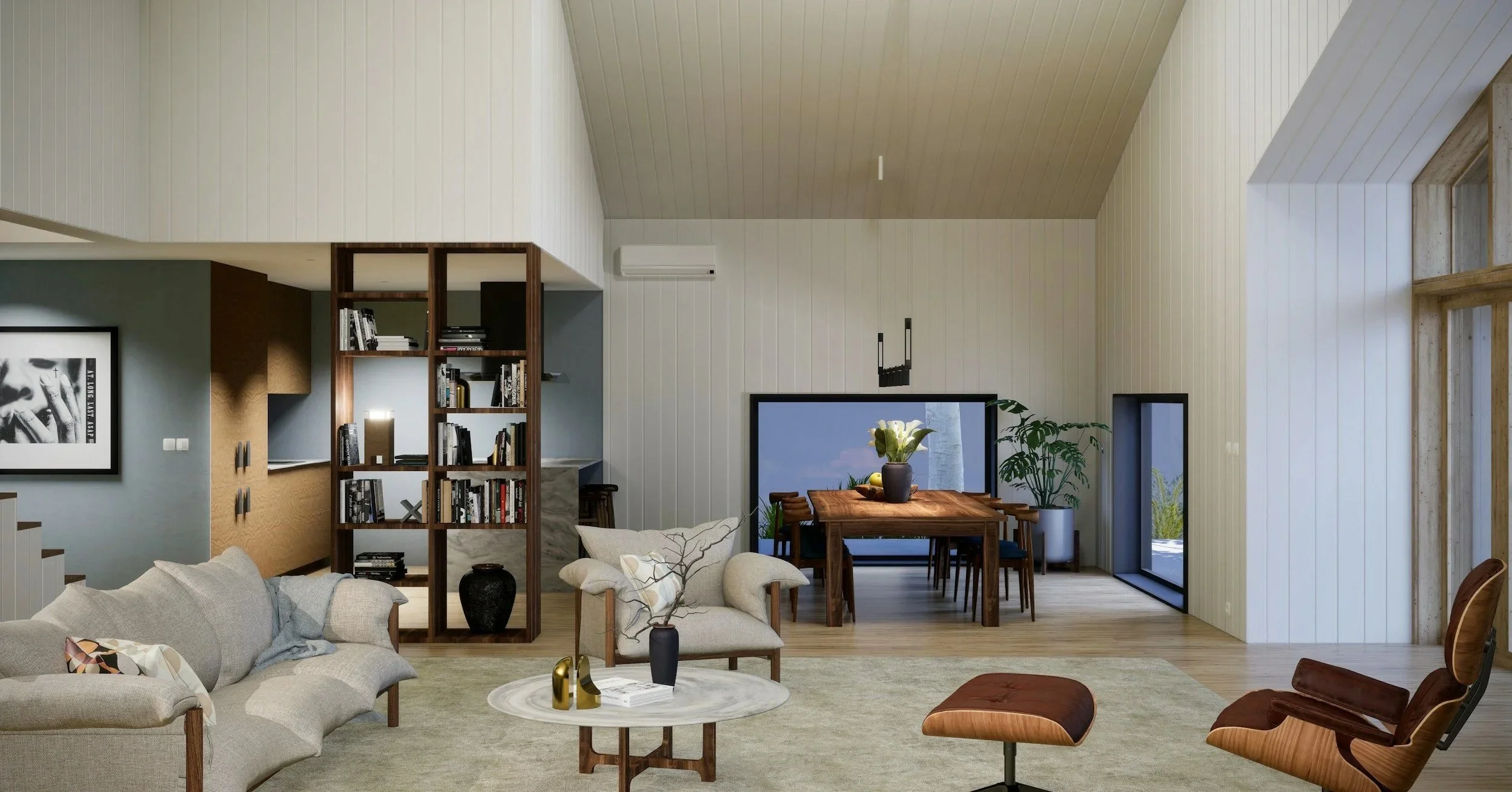 A modern living room with a beige sofa, a marble coffee table, and a wooden lounge chair with a matching ottoman. There is an open wooden bookshelf, a dining table with chairs, and large windows with black frames allowing natural light.