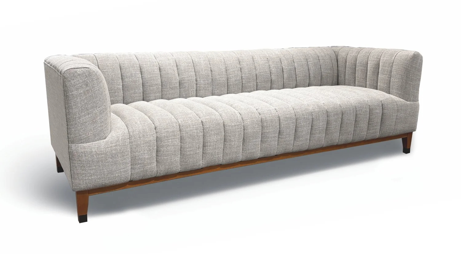 A light gray, tufted fabric sofa with wooden legs