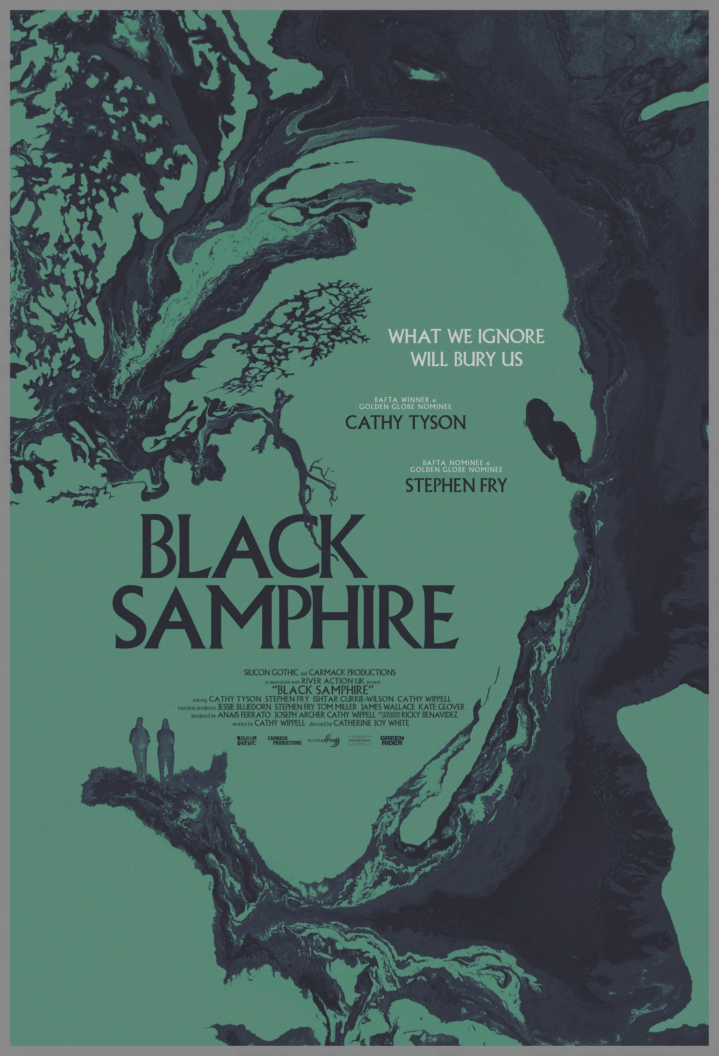 Movie poster for 'Black Sandstone' featuring a large, abstract, dark green and black illustration of a tree with twisting branches. Silhouettes of two people are at the bottom, with the title and actor information displayed.
