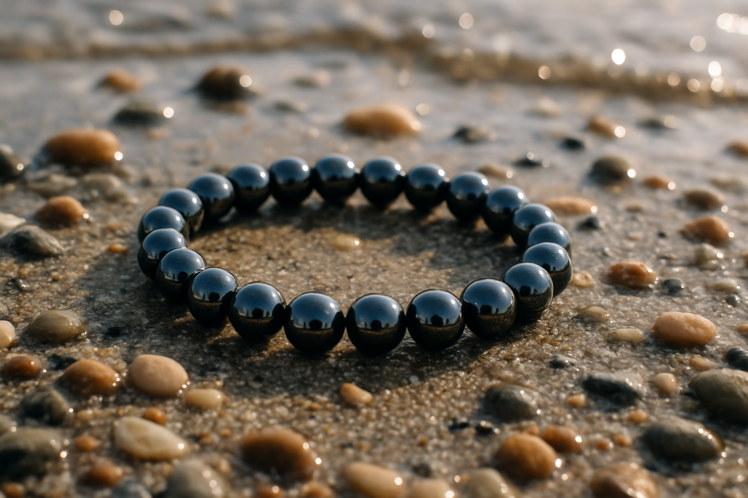Hematite Anchor Strength Bracelet featuring polished metallic-gray beads resting on wet shoreline pebbles
