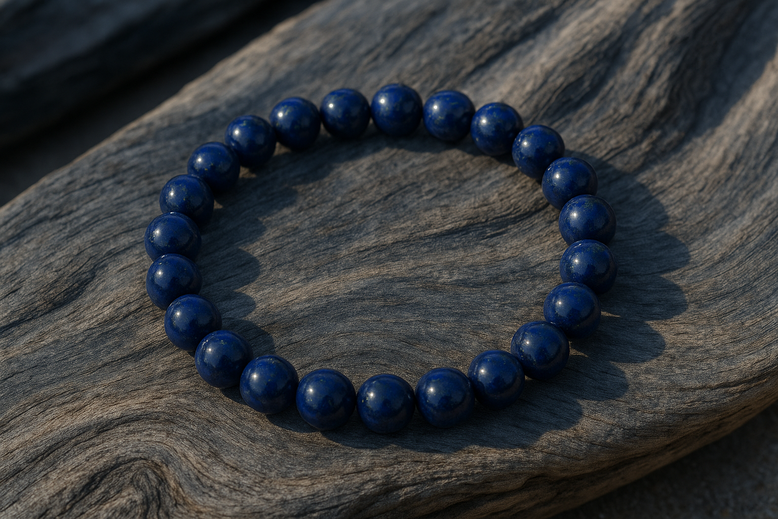 Lapis Tourmaline Grounded Shore Bracelet with glossy lapis beads resting on a natural wooden surface