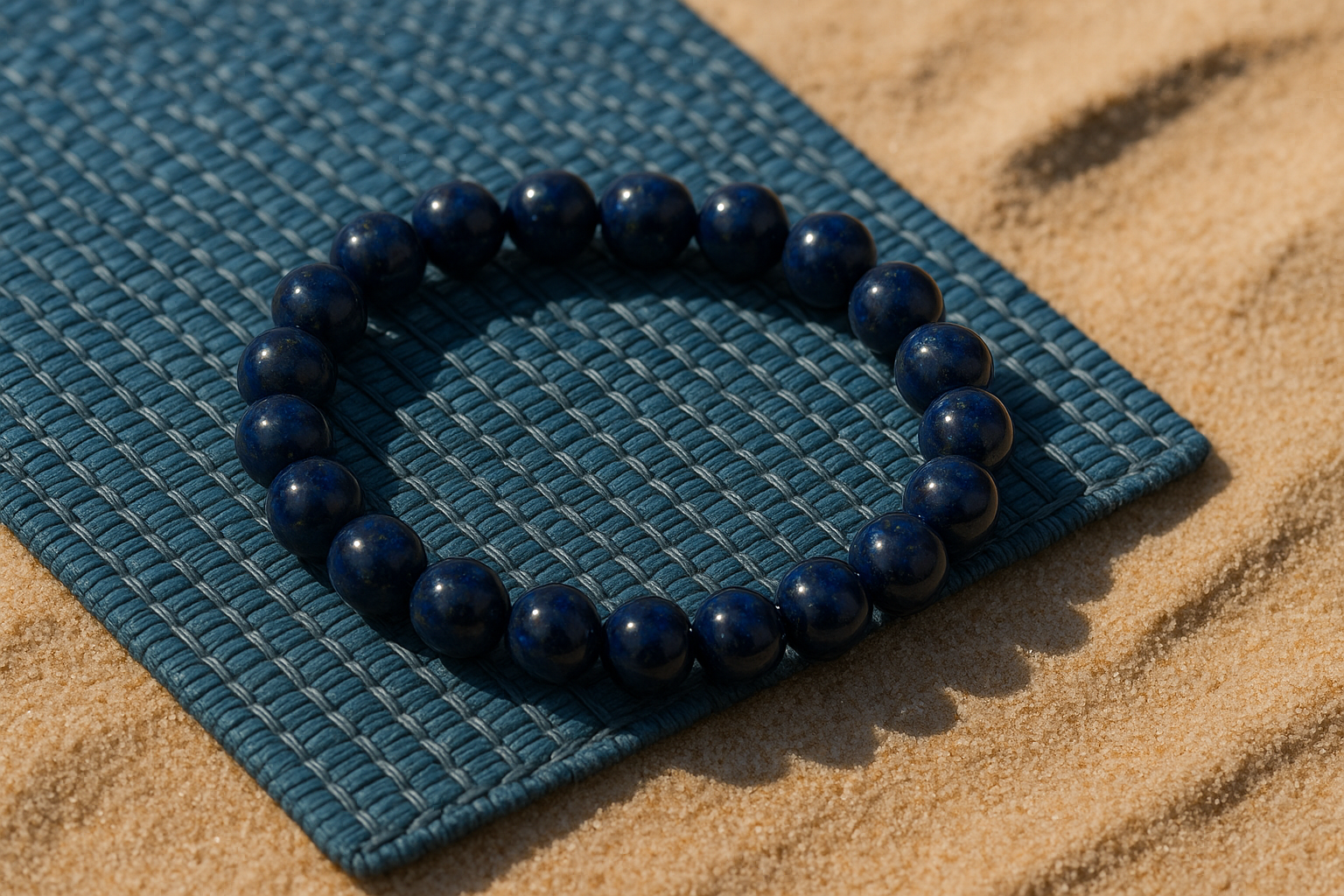 Lapis Tourmaline Grounded Shore Bracelet with striking lapis beads placed on a woven blue mat against sandy background