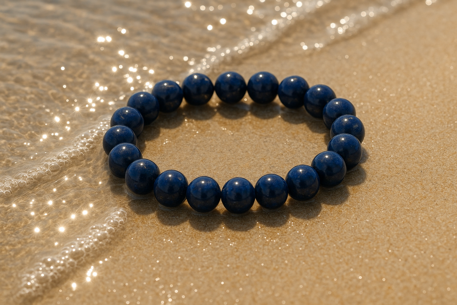 Lapis Tourmaline Grounded Shore Bracelet with deep blue polished beads placed on golden sand by the ocean’s edge