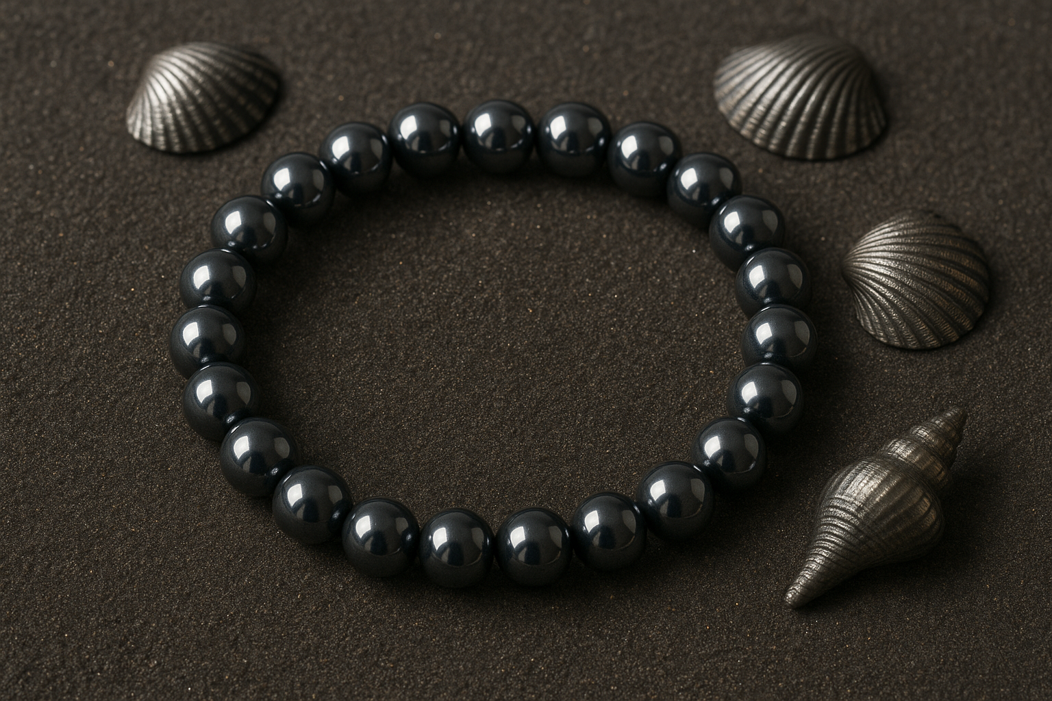 Hematite Anchor Strength Bracelet showcasing glossy hematite beads arranged on dark sand with seashell accents