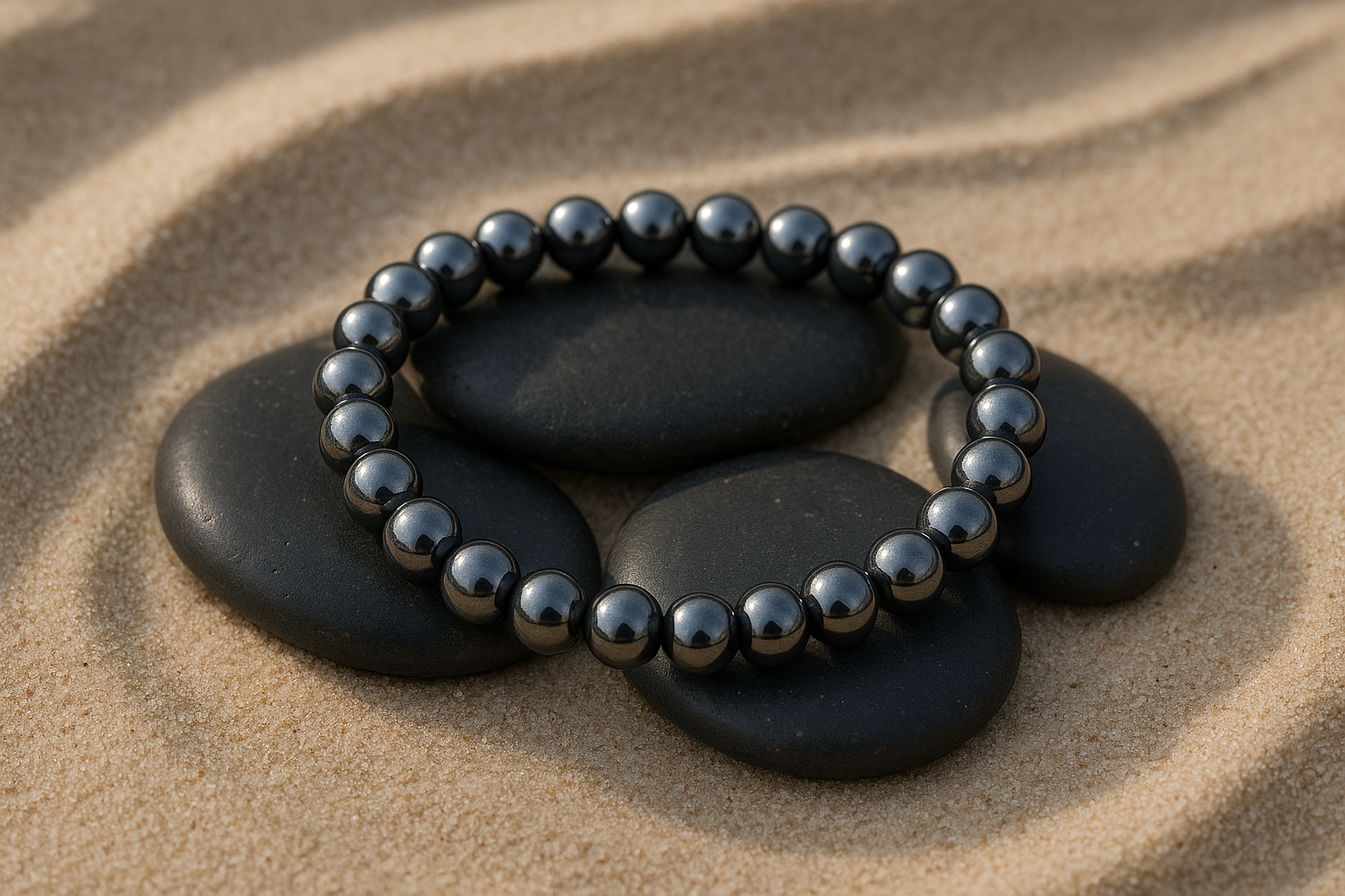 Hematite Anchor Strength Bracelet with gleaming metallic-gray beads placed on smooth black stones against sandy background.