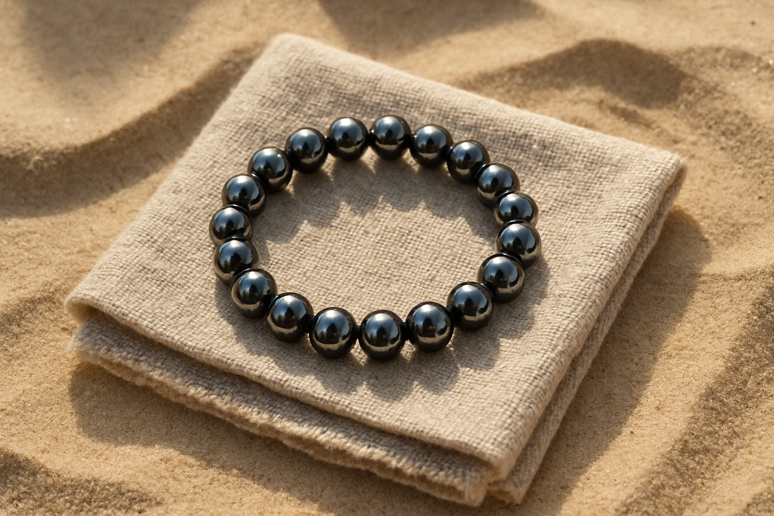 Hematite Anchor Strength Bracelet presented on a neutral fabric tile over golden beach sand