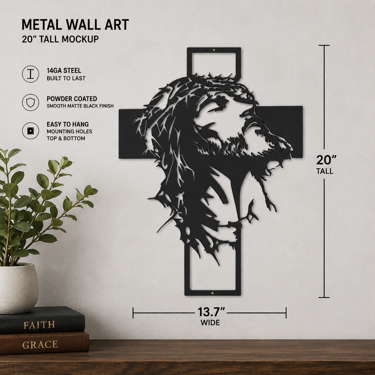 Jesus Cross Metal Wall Art | Christian Steel Wall Decor | Crown of Thorns Wall Hanging