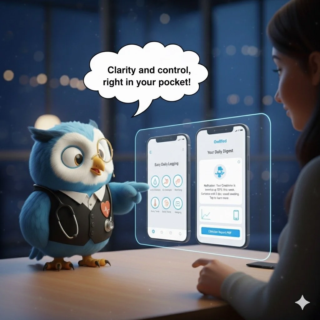 A cartoon owl dressed as a doctor with a stethoscope and glasses points to a holographic display of a mobile app, with a person sitting across the table, in a nighttime setting with city lights outside. The owl is speaking with a speech bubble that says, 'Clarity and control, right in your pocket!'