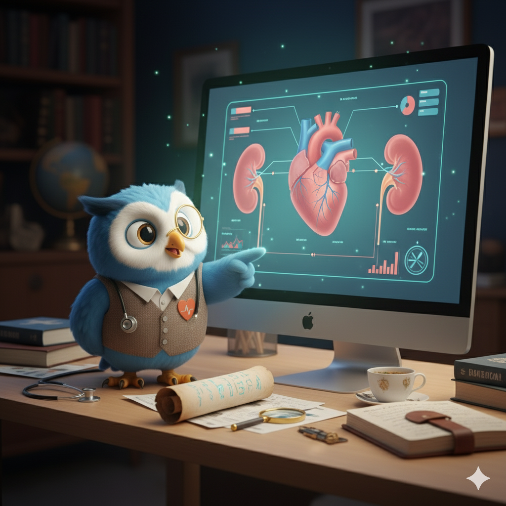An animated blue and white owl with glasses, wearing a stethoscope and a vest with a heart badge, points at a computer screen displaying a detailed digital diagram of a human heart with labels and data visualizations in a medical or scientific setting.