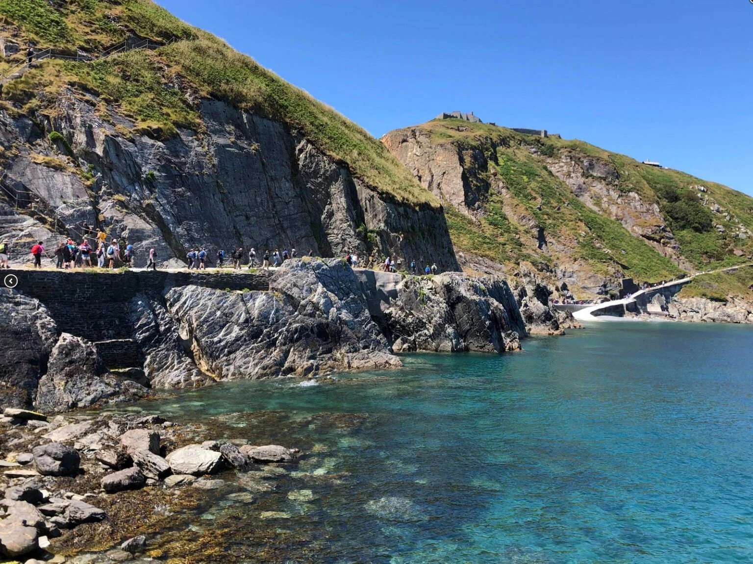 Seaside scene with a rocky shoreline, a pathway along steep cliffs, and a group of hikers. Green hills and structures are visible on higher ground in the background, under a clear blue sky.