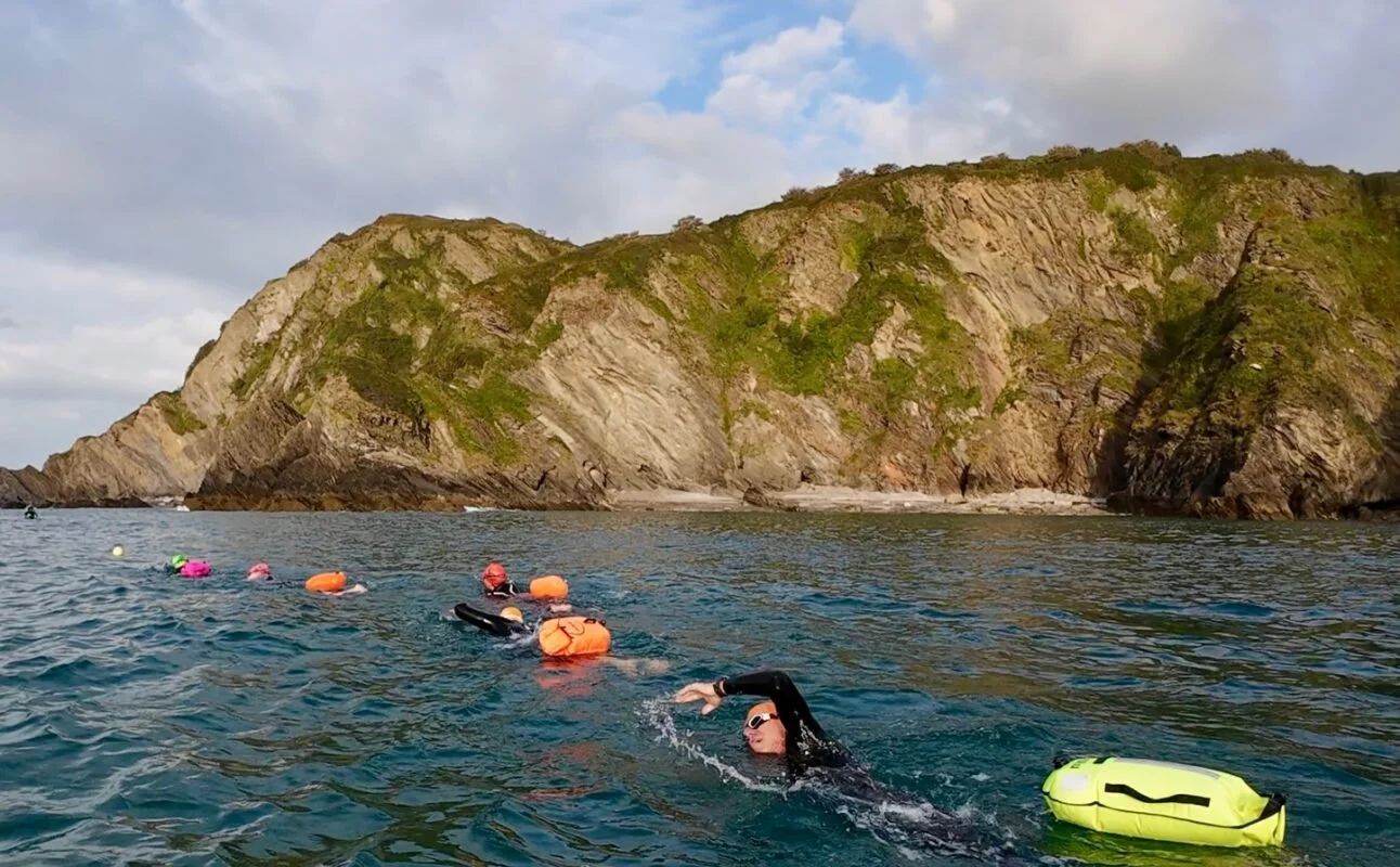 A group of people swimming in the ocean near a rocky, green-covered hillside.