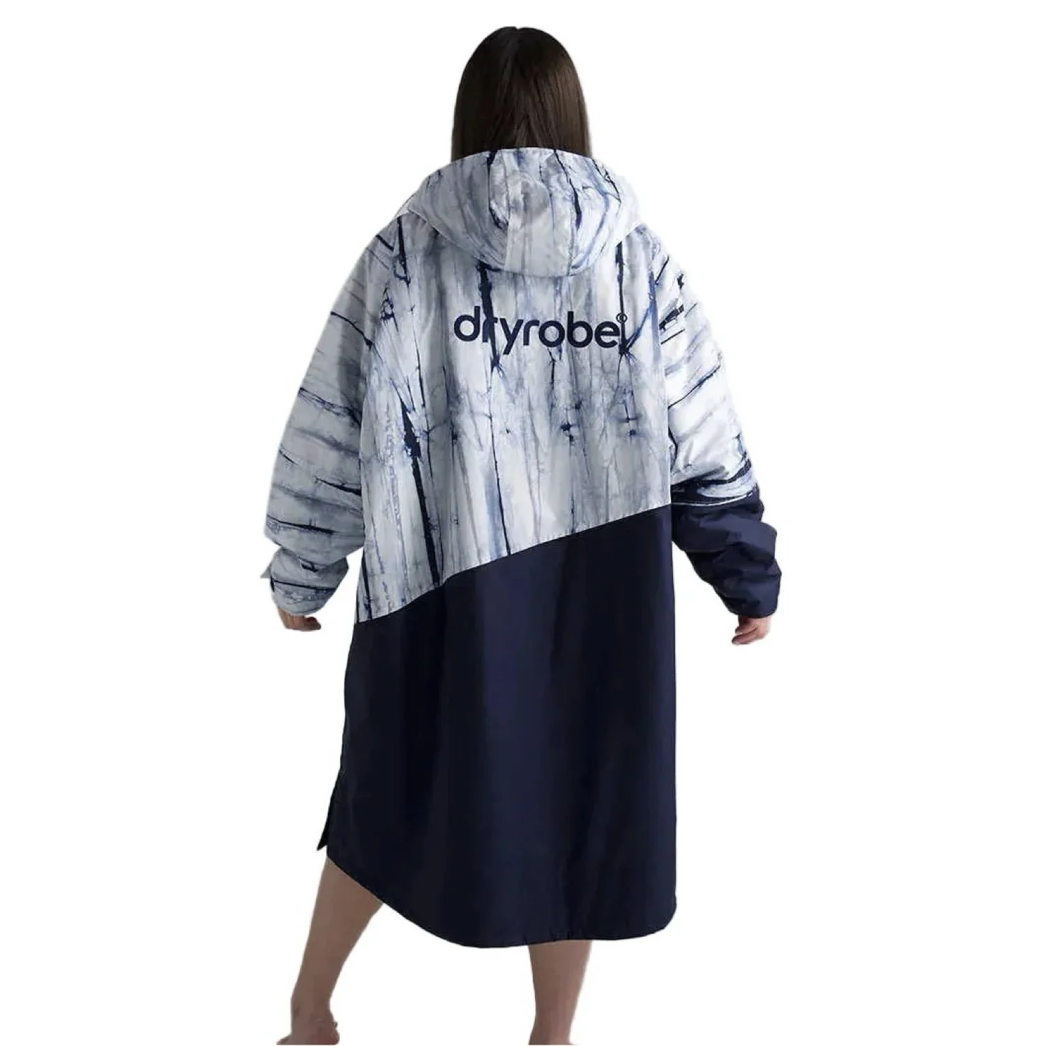Person wearing a black and white marbled print jacket with the brand name 'dryrobe' on the back, standing against a white background.