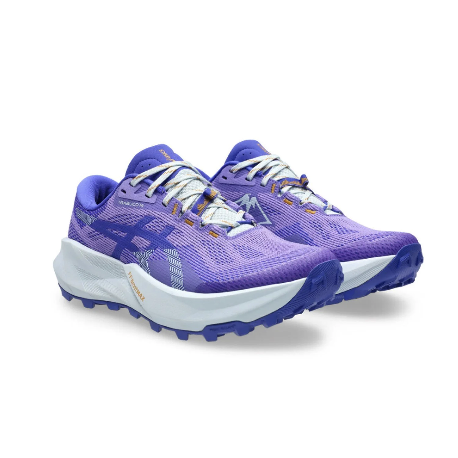 A pair of purple running shoes with white and orange accents, featuring a textured design and a thick white sole.