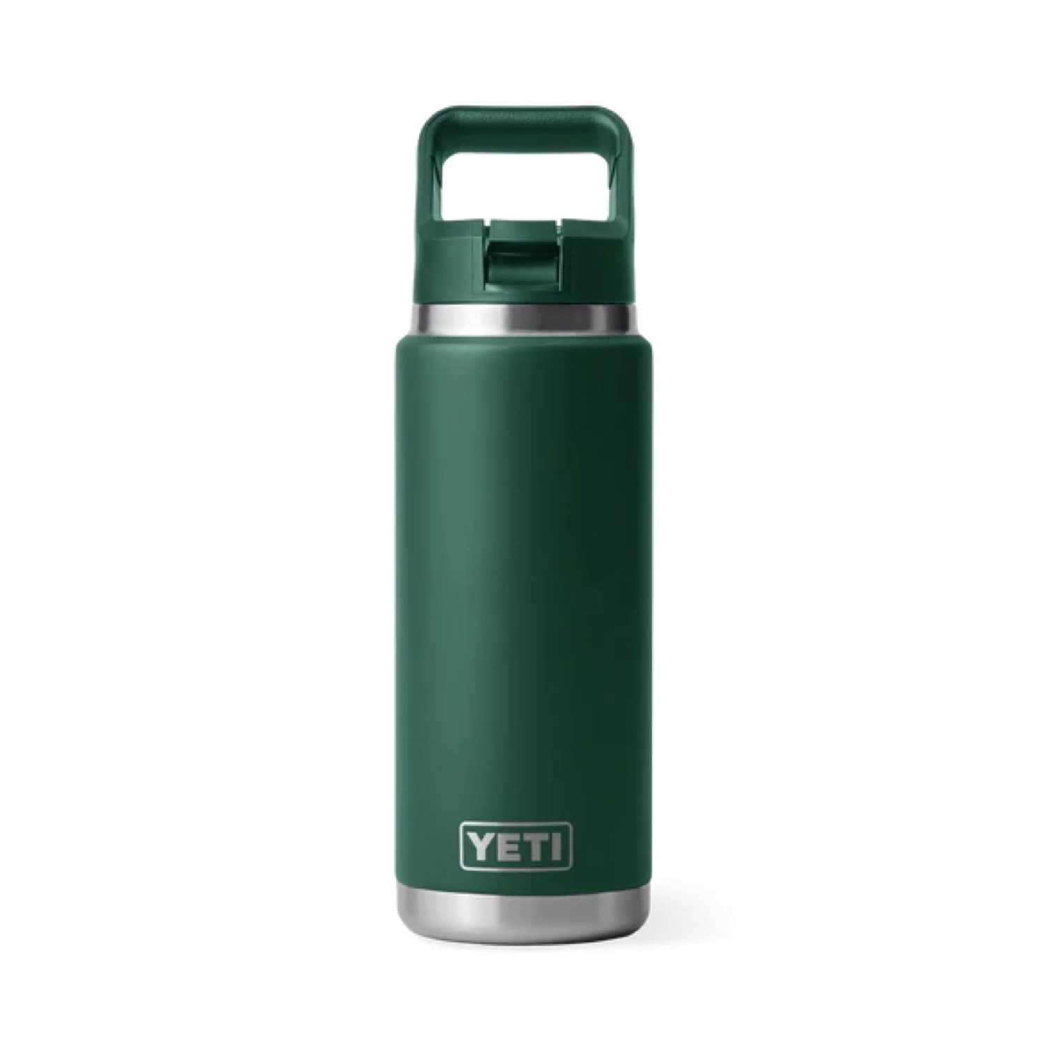 Green YETI insulated water bottle with silver accents, standing upright on a white background.