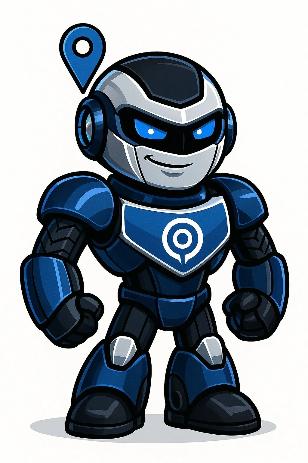 A cartoon robot with a blue and black color scheme, a smiling face, and a target symbol on its chest, standing confidently with fists clenched, with a location pin above its head.