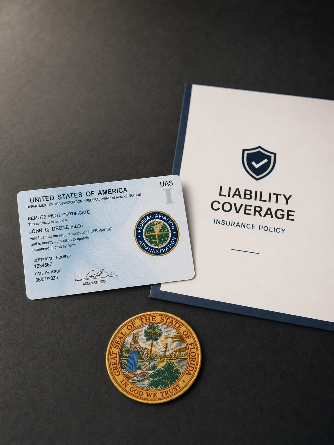 FAA Remote Pilot Certificate, $1 million liability insurance policy, and Florida State Seal representing AeroVis's regulatory compliance and licensing as a certified commercial drone operator in Florida