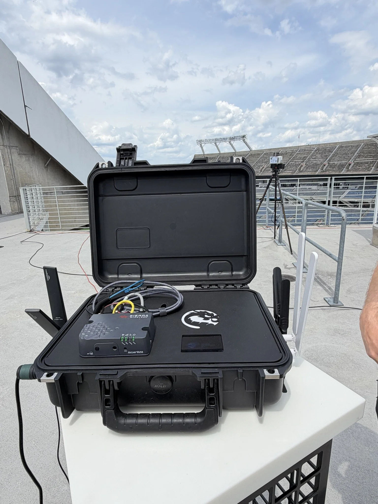 AeroVis WarDragon Counter-UAS detection system deployed for stadium venue protection, showing hardened case configuration with cellular gateway and directional antennas