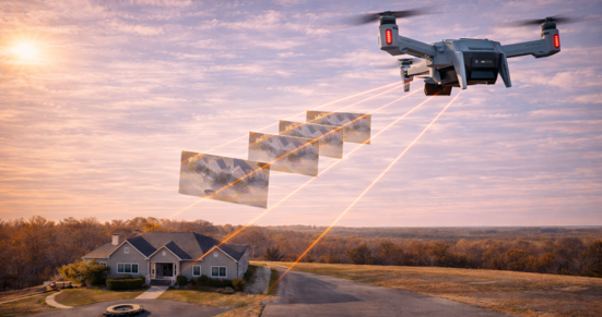 Drone scanning a residential home at sunset for aerial roof inspection and property imaging