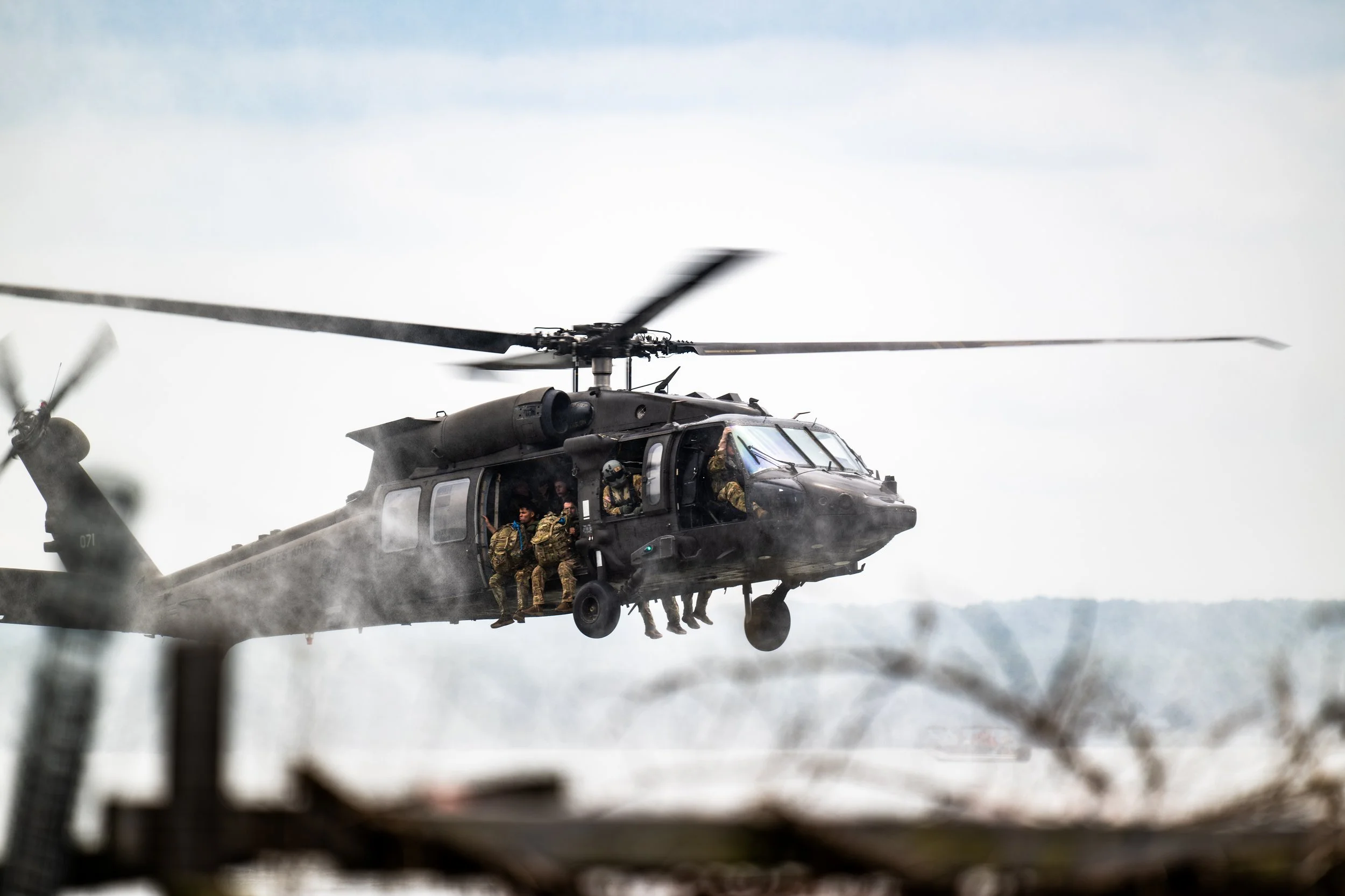 UH-60 Black Hawk helicopter in flight during Army pilot Kevin Padilla's final military mission before transitioning to civilian life and founding Aerovis drone solutions.