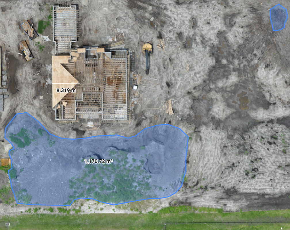 AeroVis construction site orthomosaic with measured distances and area calculations, showing 1,170 square meter site survey and 8.3 meter structure measuremen