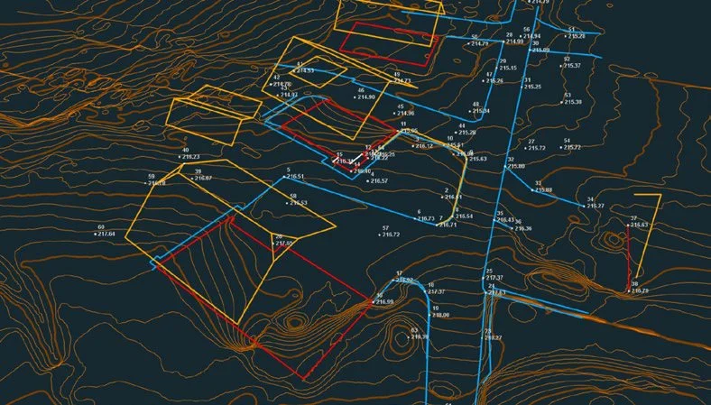 CAD drawing with site contours, surveyed features and elevation labels in 3Dsurvey