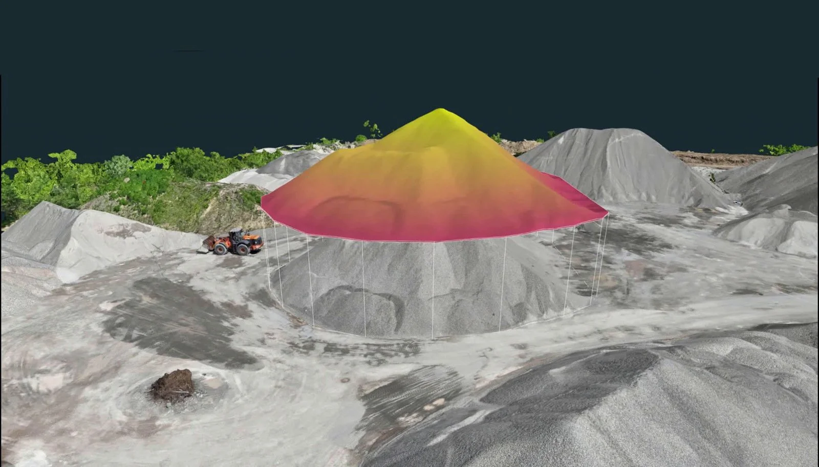 Stockpile model with a colored volume measurement surface in 3Dsurvey