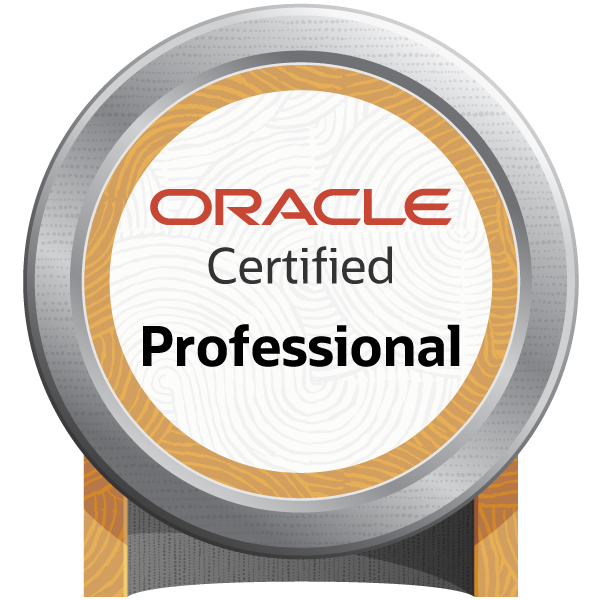 Oracle Certified Professional badge with gold, silver, and black design elements and a certification label.