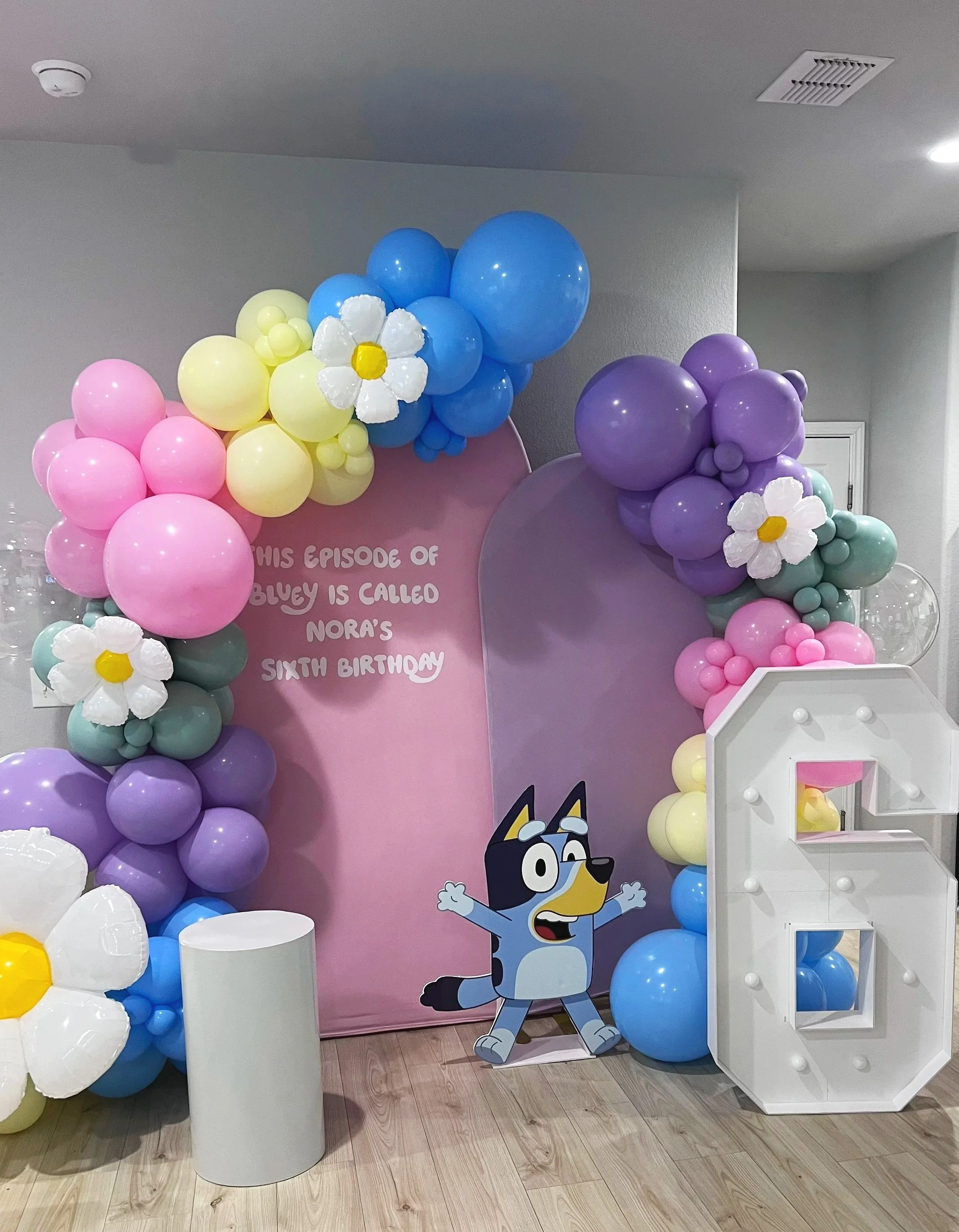 Decorative balloon arch at Nora's sixth birthday party with pastel pink, yellow, blue, purple, and green balloons, white flowers, a cardboard cutout of the cartoon character Bluey, and a large white number 6 letter with lights.