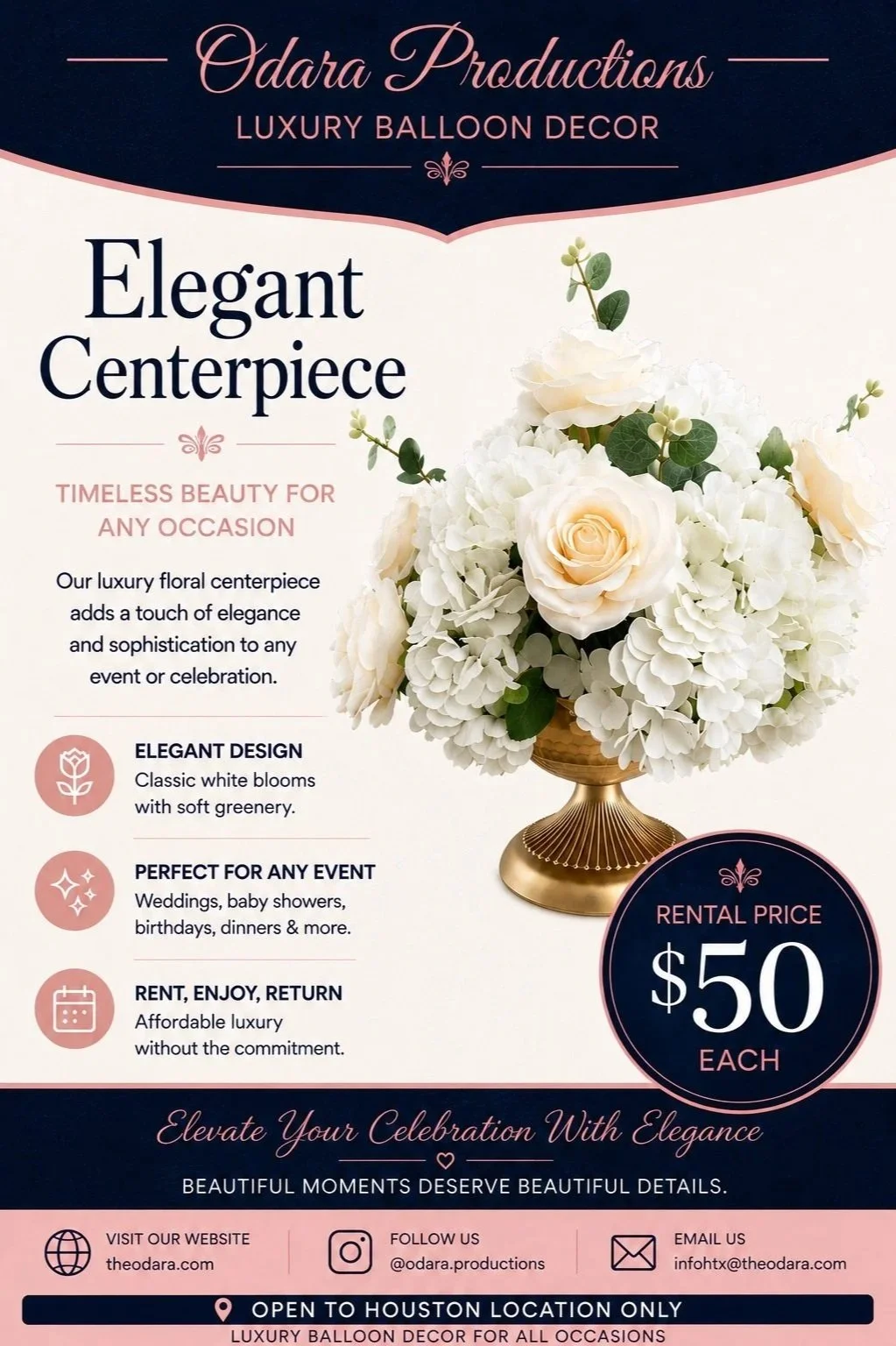 A flyer for Odara Productions luxury balloon decor featuring an elegant white floral centerpiece with roses and greenery in a gold vase, with pricing and contact information.