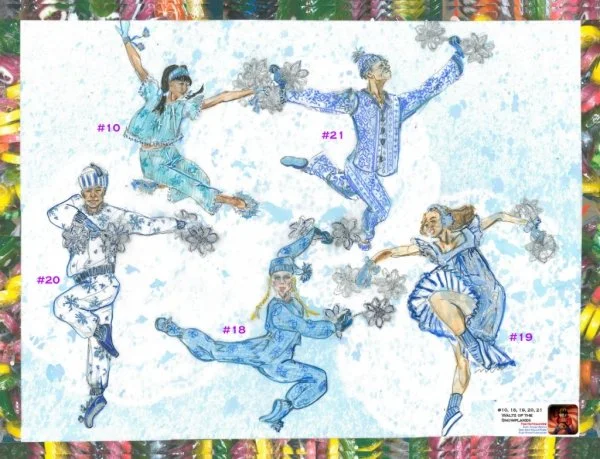 Illustration of five ice skaters in colorful costumes, numbered #10, #18, #19, #20, and #21, performing a synchronized routine on ice. Designer: Anne Hould-Ward