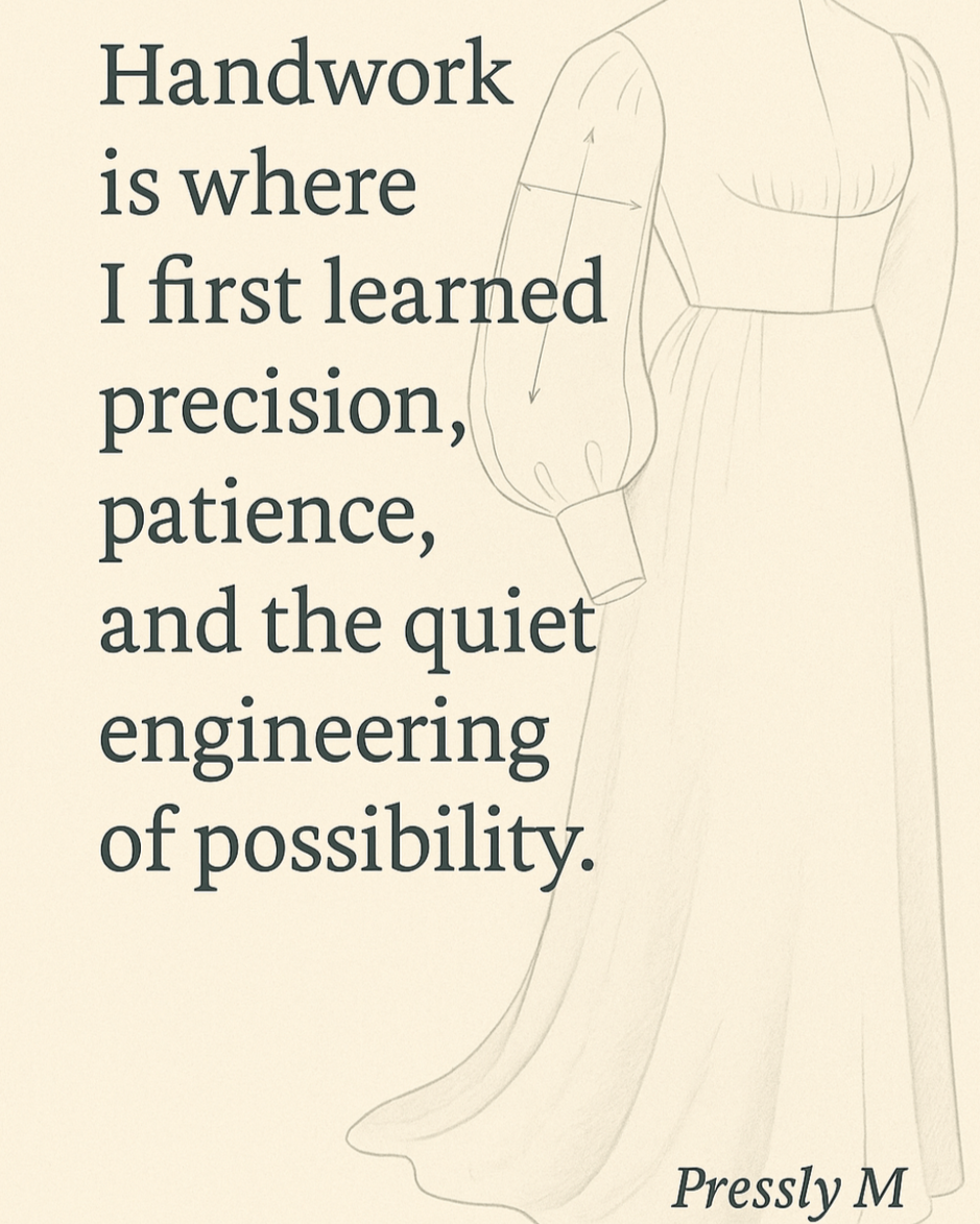 A quote about craftsmanship and engineering, reading "Handwork is where I first learned precision, patience, and the quiet engineering of possibility." The quote is attributed to Pressly M. The background features a faint sketch of a person wearing a long dress with puffed sleeves.
