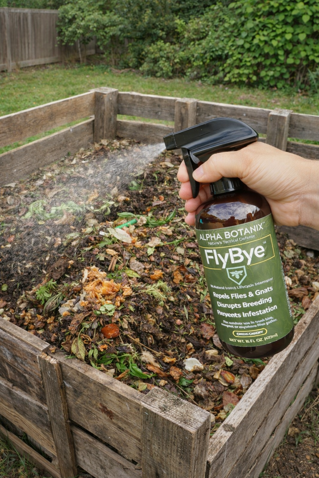 Spraying FlyBye on compost pile.png