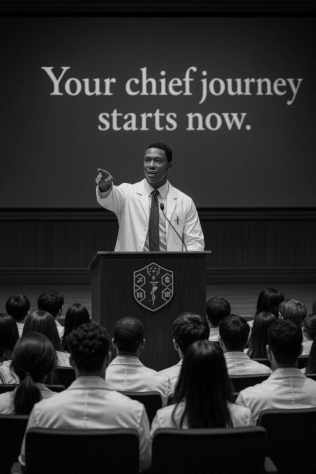 A male speaker in a white coat giving a lecture to an audience of students in a classroom or auditorium with a large screen behind him displaying the text "Your chief journey starts now."