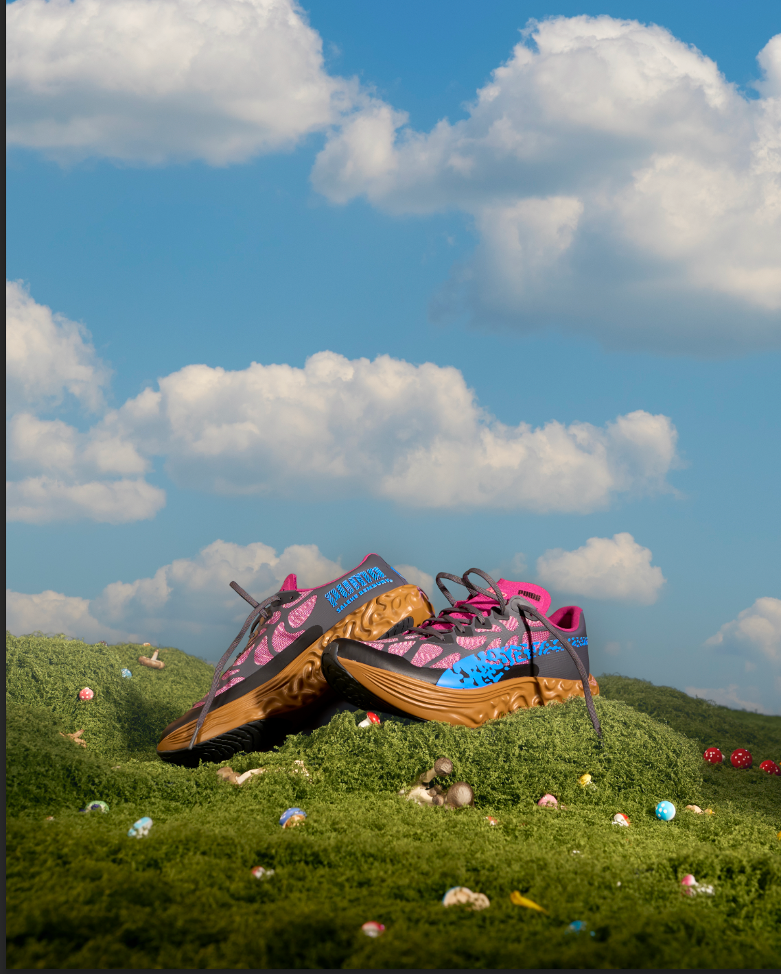 Colorful running shoes on a green grassy hill with a blue sky and white clouds above.