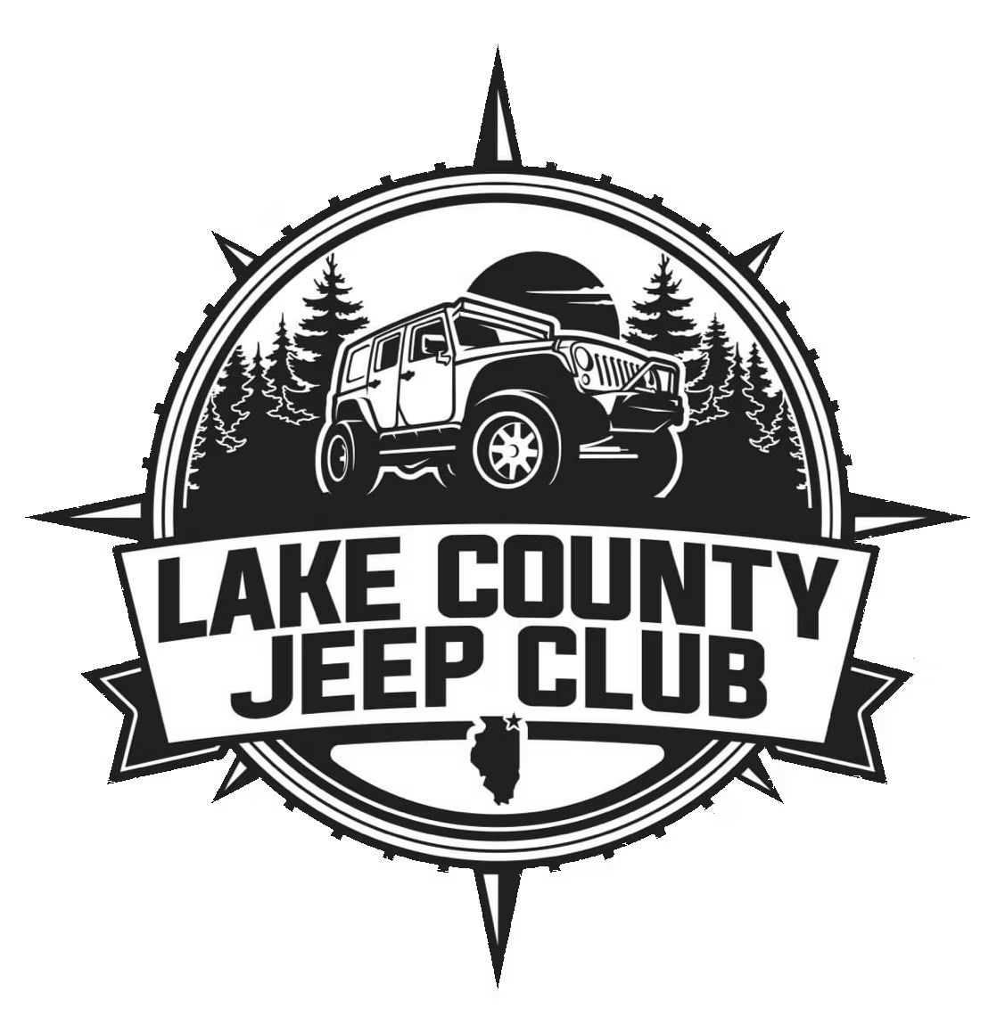 Black and white logo of Lake County Jeep Club featuring a Jeep vehicle, pine trees, a sun or moon, a compass, and the outline of Lake County.