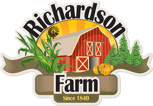 A logo for J. Richardson Farm, featuring a red barn, green corn plants, a pumpkin, and evergreen trees, with the text 'J. Richardson Farm LLC Since 1840'.