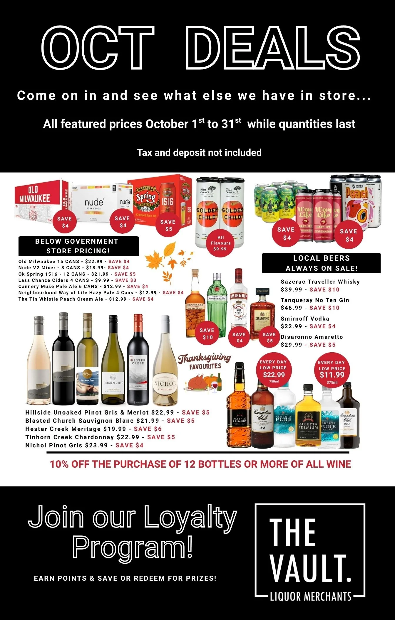 Promotional flyer for October deals at The Vault Liquor Merchants, including discounted beers, wines, and spirits with specific prices and savings noted, promoting loyalty program and extra discounts on bulk wine purchases.