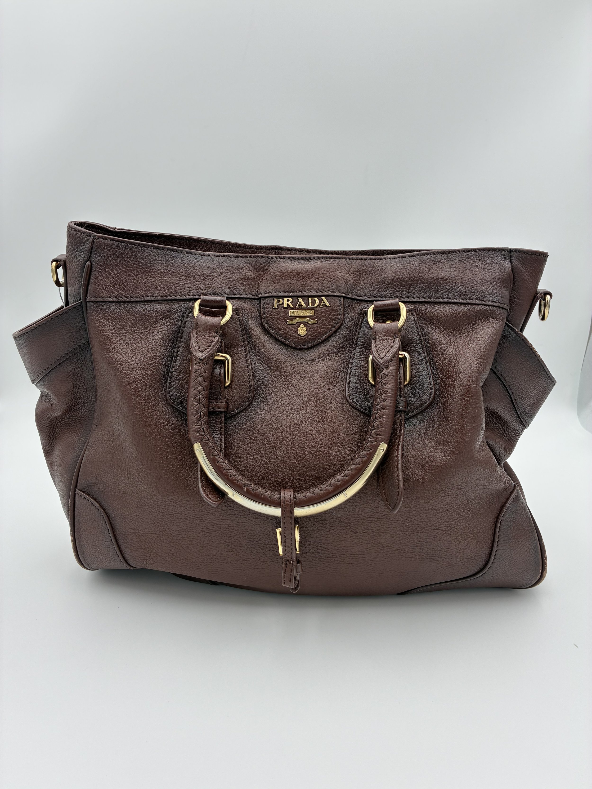 Prada Cervo Antik Leather Tote Brown
