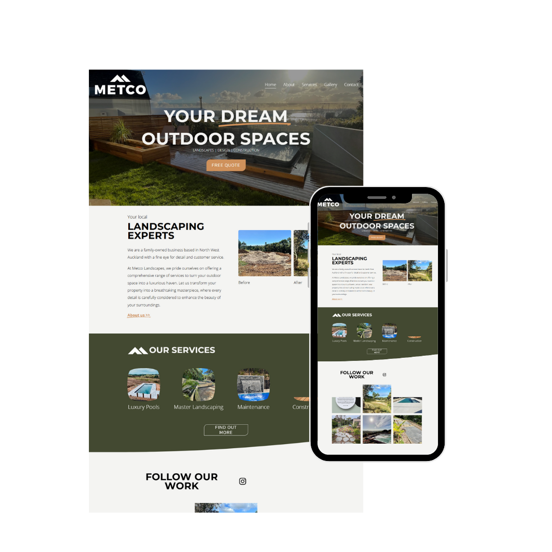 A website and mobile view of Metco Landscaping, showcasing outdoor spaces with a header saying "Your Dream Outdoor Spaces," services like luxury pools and landscaping, and a gallery of landscaping projects