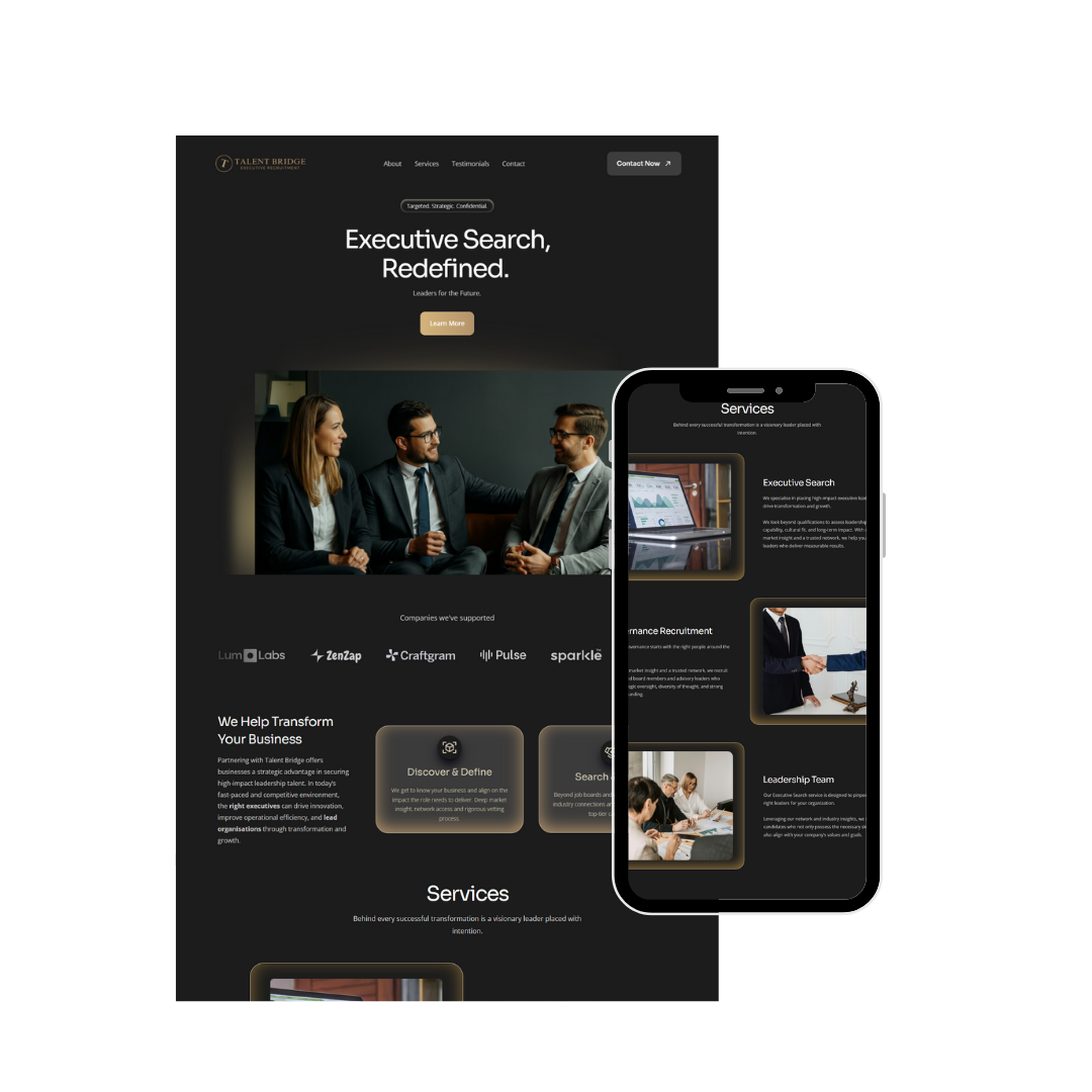 Dark-themed website and mobile app screens for Talent Bridge Executive Recruitment, featuring a header with navigation links, a business team photo, sections highlighting services like executive search, performance recruitment, and leadership team, supporting company logos, and call-to-action buttons.