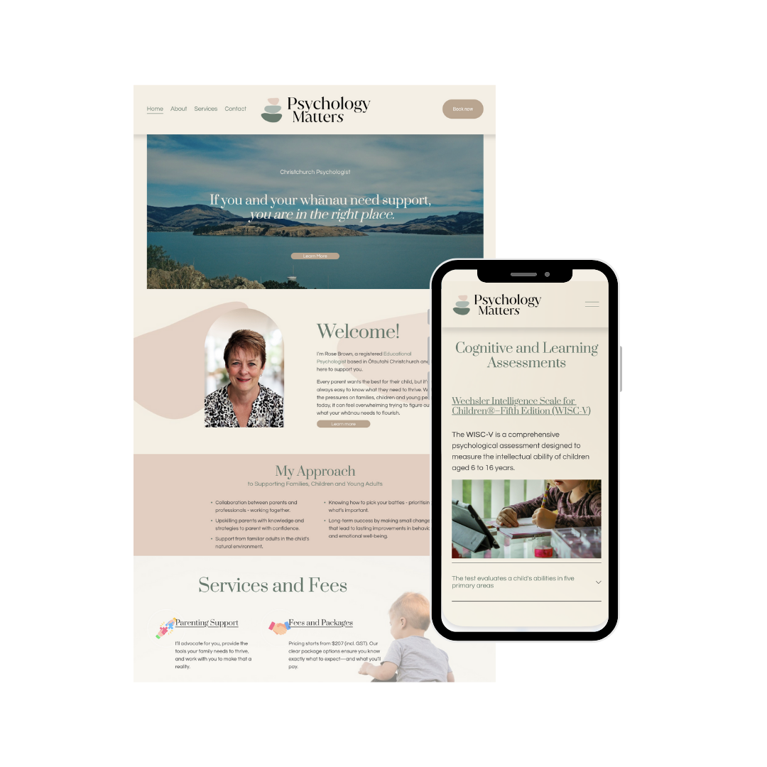 Screenshot of a psychology practice website titled 'Psychology Matters' showing a scenic landscape with water and mountains, a welcome message, and a photograph of a smiling woman, along with sections on services, fees, and cognitive assessments displayed on a mobile device.