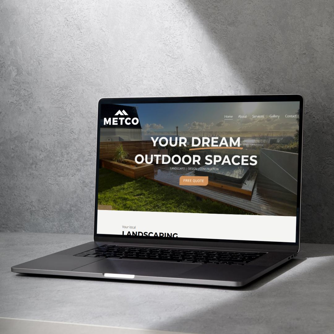 A laptop displaying a landscaping company's website titled "Your Dream Outdoor Spaces" with a background image of a backyard with a wooden deck, a small pool, and green grass.