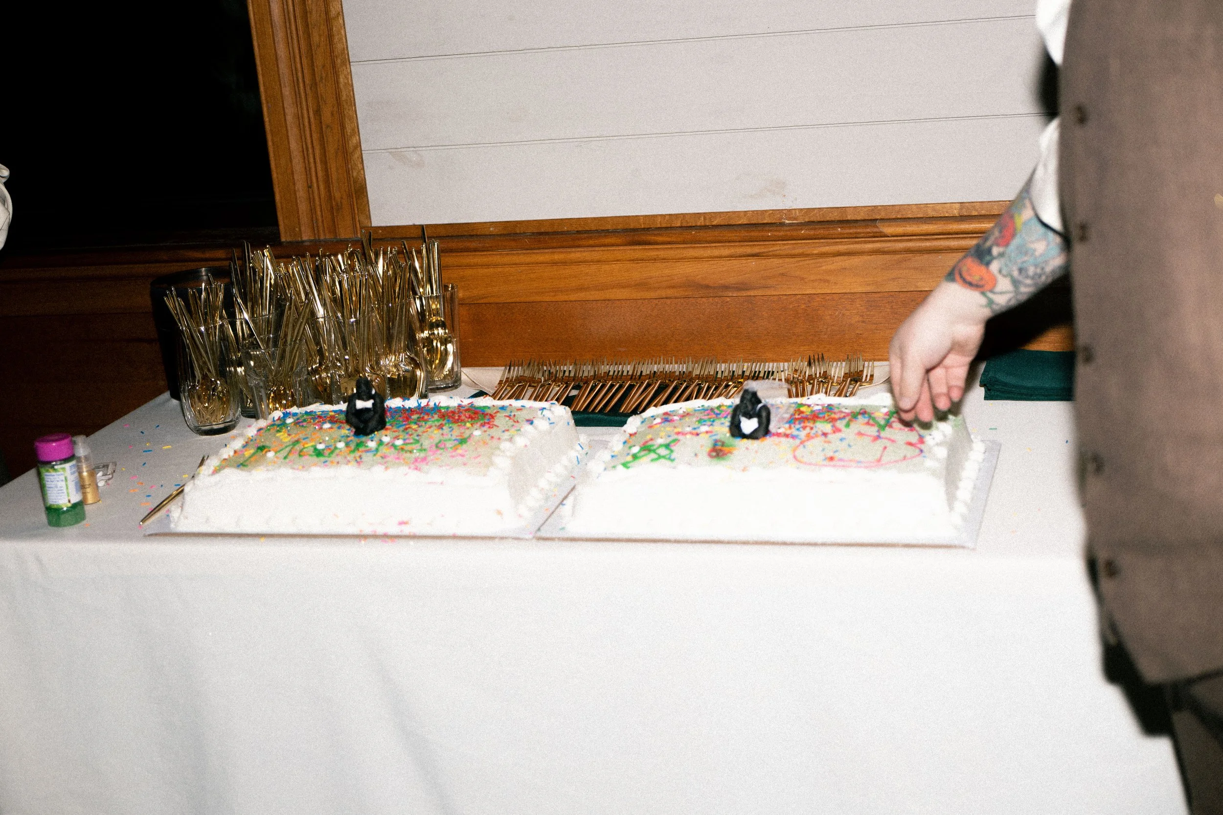 Two birthday cakes decorated with colorful sprinkles and icing, with penguin toppers, on a white tablecloth, surrounded by birthday party utensils and decorations.