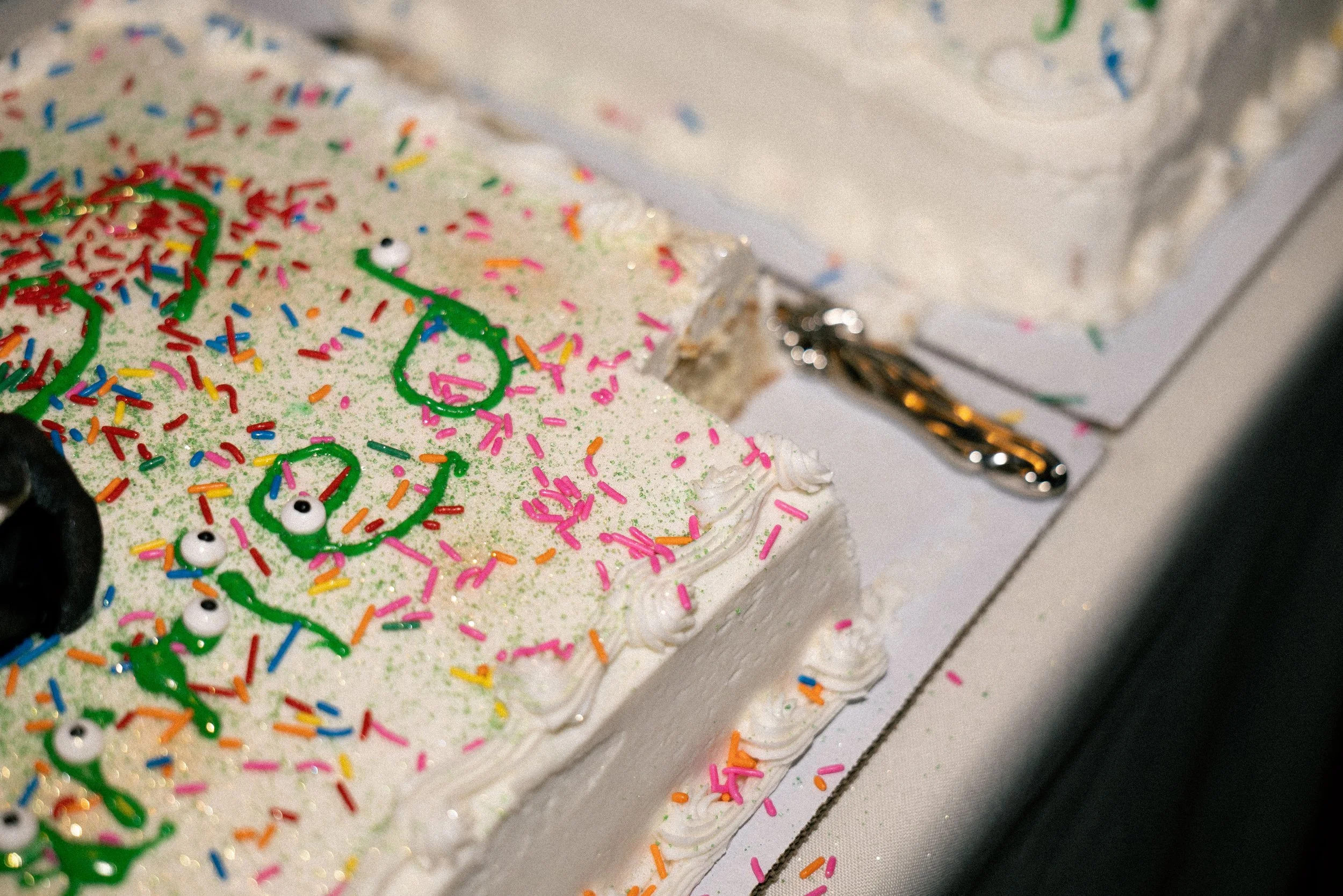 Close-up of a decorated birthday cake with white frosting, colorful sprinkles, and green icing words.
